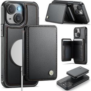 Usroom Compatible with Magsafe for iPhone 15 Plus Wallet Case Magnetic Card Holder, RFID Blocking 2 in 1 Detachable Kickstand Shockproof Case for Women Men, Black