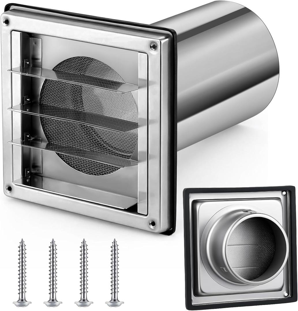 Glooglitter 4 Inch Wall Vent Cover Stainless Steel Outside Dryer Vent Covers, Built-in Mesh, with 8-inch Removable Extension Tube and 4 Screws, for Home Exhaust Duct Kit