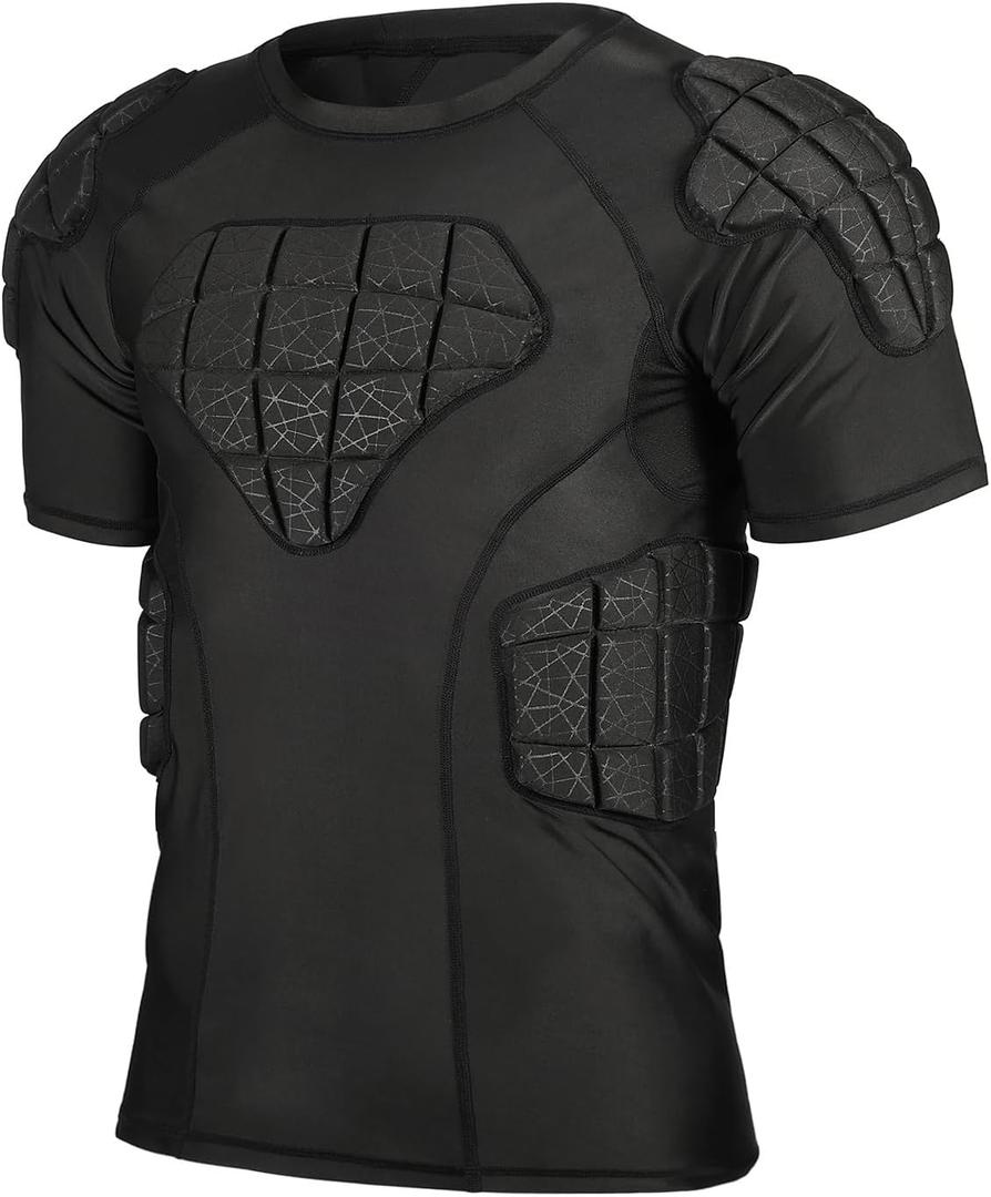 surlim Padded Football Shirt Padded Compression Shirt Football Rib Protectors Undershirt Padded for Rugby Lacrosse Baseball (2X-Large, Black)