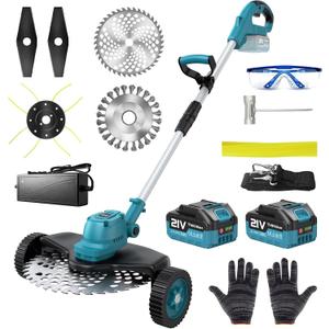 Electric String Trimmer Cordless with Wheel, 1000W Battery Powered Weed Wacker, 2x4.0Ah Batteries, Adjustable Length, 4‑in‑1 Lightweight Grass Trimmer/Brush Cutter/Weed Trimmer/Edger Tool