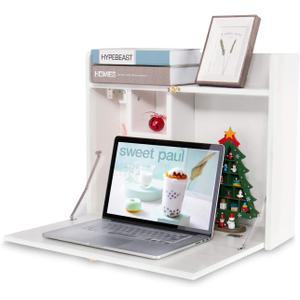 YUSING Wall Mounted Table, Multifunctional Fold Down Wall Mounted Laptop Computer Desk with Storage Compartments for Home, Office, White, 23.5" X 20" X 20"