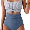 Eomenie Women's One Piece Swimsuit Tummy Control Slimming Bathing Suit Cutout Tie Knot Swimwear (Gray Blue Striped)