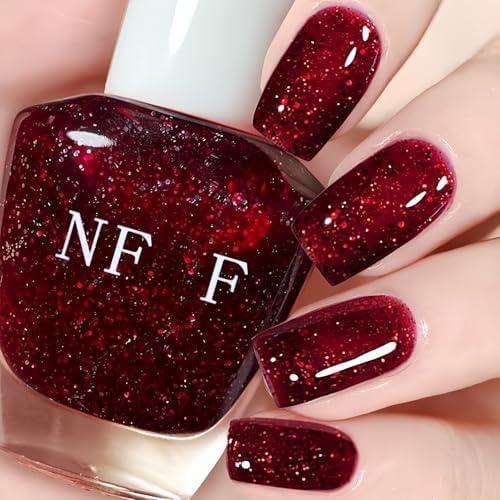 KAHSOSE Dark Red Glitter Nail Polish, 15ML Sparkly Burgundy Nail Color Quick Dry, Shiny Cherry Red Color for Women Girls, Air Dry No UV Light Needed, Gift Manicure Polish