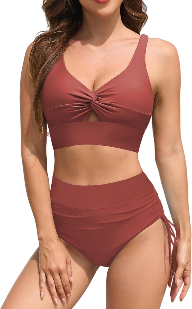ZAFUL Women High Waisted Bikini Sets Color Block Swimsuit Two Piece Knot Twist Cut Out Drawstring Bathing Suit (Small, Brick Red)