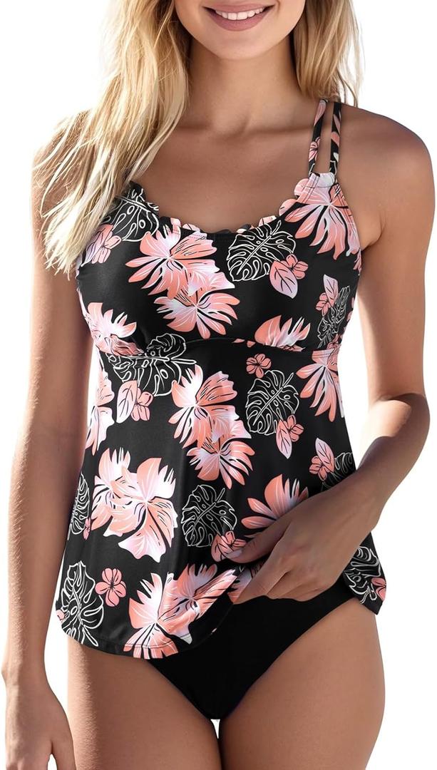Aleumdr Women's Tankini Bathing Suit 2 Piece Tummy Control Swimsuit Scallop Trim Tankini Top with Bottom (Large, Printed Black)