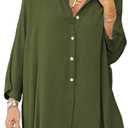 Aoysky Womens Oversized T Shirts Button Down Long Sleeve Shirt V Neck Collar Loose Flowy Blouse (Medium, Army Greem)