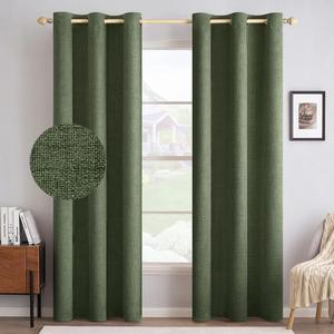 MIULEE 100% Blackout Linen Textured Curtains for Bedroom Solid Thermal Insulated Olive Green Grommet Room Darkening Curtains & Drapes Luxury Decor for Living Room Nursery 42 x 84 Inch (2 Panels)