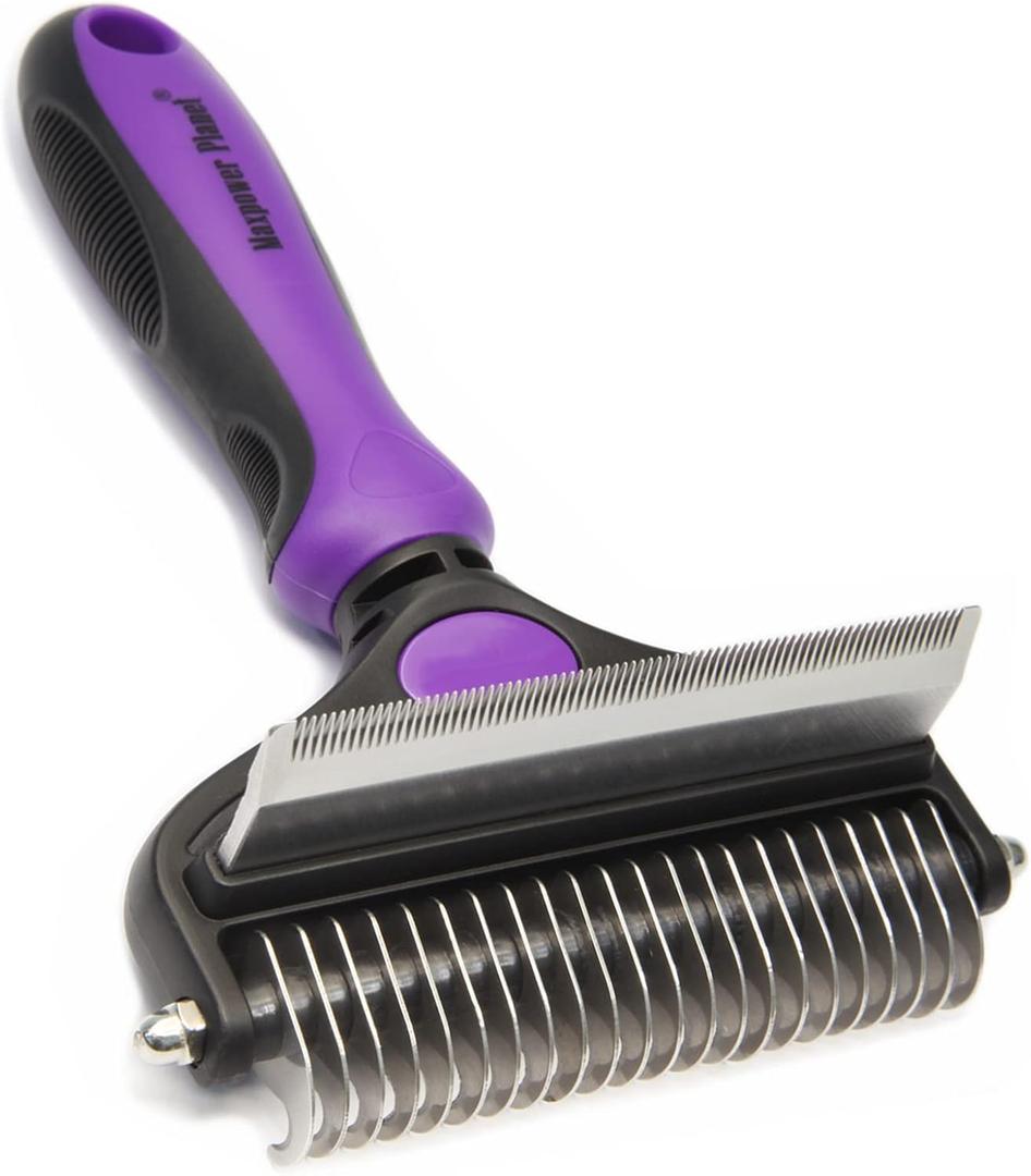 Maxpower Planet Pet Deshedding & Grooming Brush - Double Sided Design for Dogs & Cats - Undercoat Rake Effectively Reduces Shedding by Up to 95% - Large Size - Purple