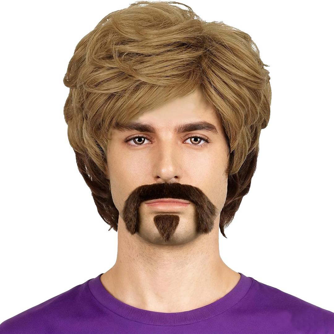 Men's 70s Brown Omber Cosplay Halloween Costume Shaggy Male Wig and Fake Mustache