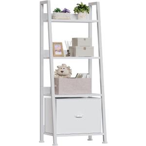 Furologee 4Tier White Ladder Shelf, Ladder Bookshelf with Removable Drawer, Bookcase Storage Rack Organizer, Freestanding Storage Shelves for Living Room, Home Office, Bedroom