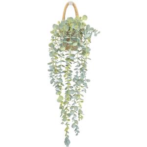 Fake Hanging Plant Decor Indoor, Eucalyptus Artificial Faux Plants in Wall Woven Planters, Jute Hanger with Black Pot Soft Green 1PCS 23Inch Long