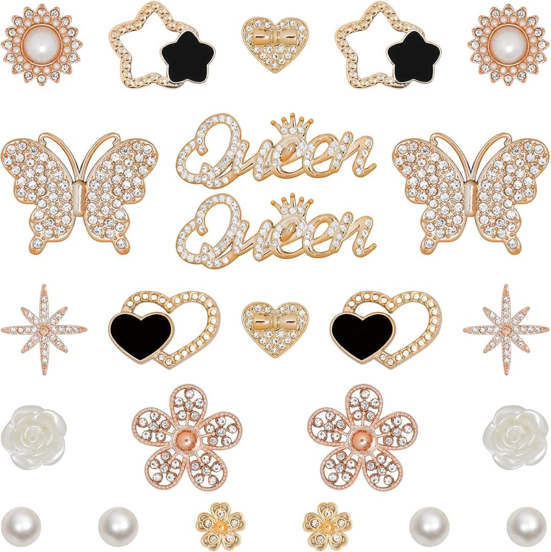WAQYGZO 24 Pcs Shoe Charms Chain Accessories for Women Butterfly Flower Pearl Clog Shoe Decoration Charms Rhinestone DIY Shoes Charm Bling Cute Decor for Party Birthday