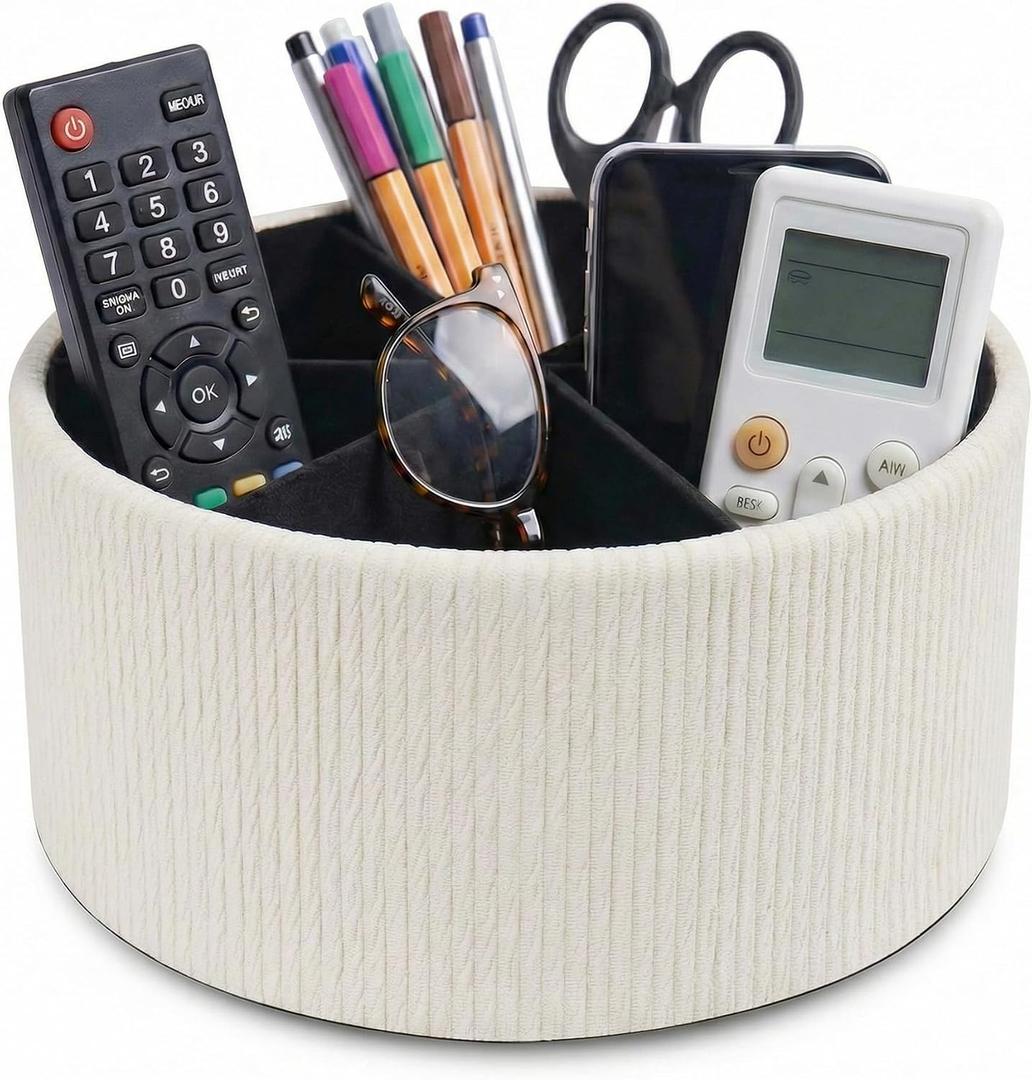 Remote Control Holder, 360°Spinning PU Leather Desk TV Remote Caddy,Desk Storage Box Room Accessories for Controller, Media,Mail,Calculator, Mobile Phone,Pencil(1-Big Wood Beige)
