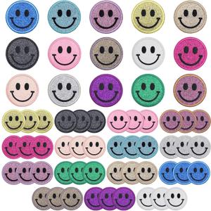 60PCS Smiley Iron on Patches Sequin Round Chenille Cute Smiley Face Patches for Diverse Range of Fabric Clothes DIY Projects