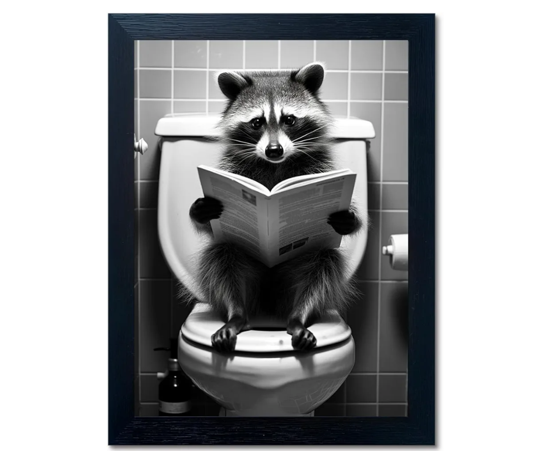 Cute Raccoon Reading Newspaper Canvas Wall Art Picture, Funny Bathroom Wall Art Decor, Humor Farmhouse Animal Wall Art, Modern Wrapped Canvas Prints Black Framed Ready to Hang 16"x20"