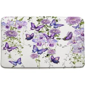 Flower Butterfly Bath Mat Purple Floral Watercolor Butterflies Bathroom Bedroom Kitchen Rug Soft Memory Foam Backing 18x30 Inch