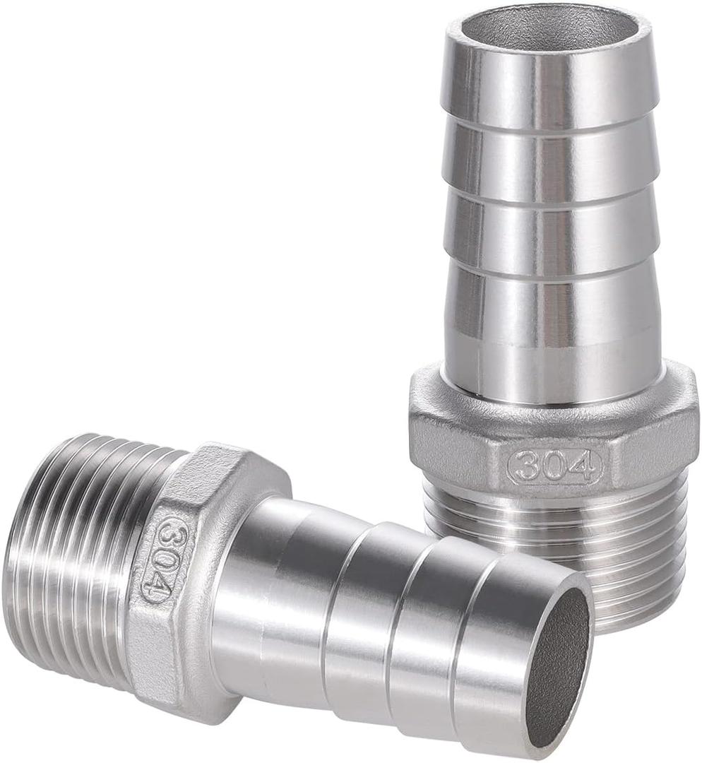 304 Stainless Steel Hose Barb Fitting 1" Hose Barb to 1" NPT Male, For Water, Fuel, Home Brew Pipe Fittings, Pack of 2