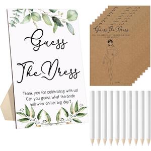 Seajan Guess The Dress Bridal Shower Game Wooden Sign Fun Bridal Shower Games Table Sign 50 Small Guessing Cards 50 Pencils for Guests Wedding Bachelorette Party Supplies(Green Leaves)
