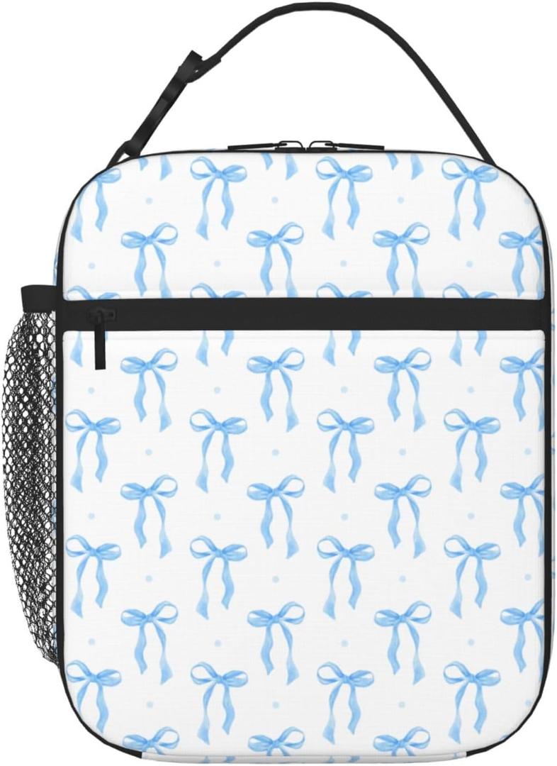 Cute Blue Bow Insulated Lunch Bag,Kids Lunch Box For Girls Boys Teens | Reusable Lightweight Waterproof Large Capacity with Water Bottle Holder Buckle Handle Double Zippers For School Work Picnic