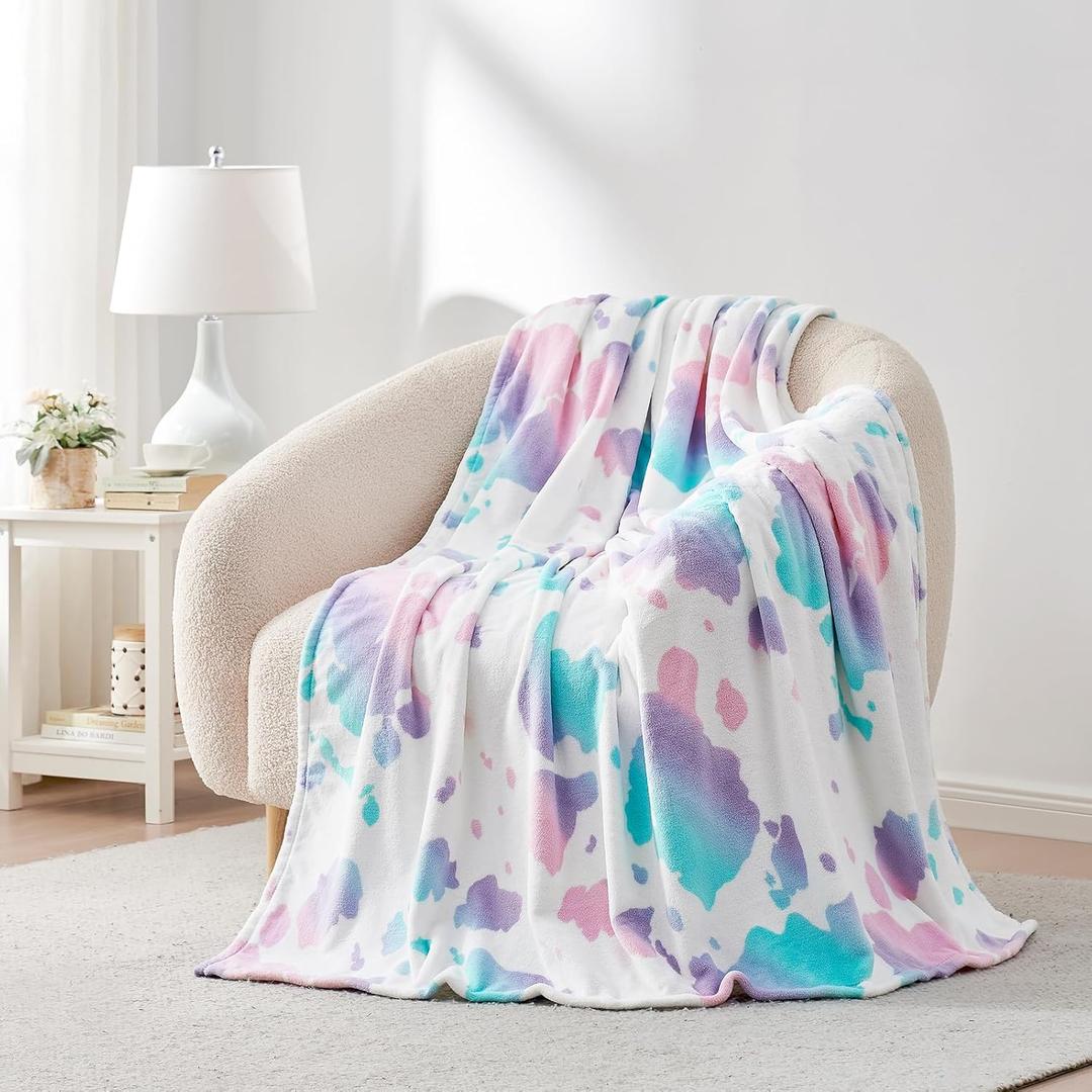 Cozy Bliss Cow Print Fuzzy Throw Blanket for Couch - Thick Soft Warm Non Shedding Fleece Blankets for Western Dcor Room, for Kids, Women Men Girls, Rainbow 50"*60" (Dreamlike Color)