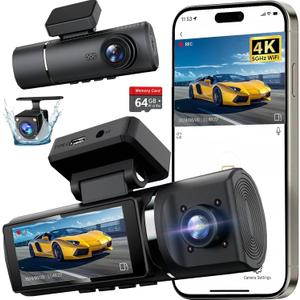 3 Channel 4K Dash Cam Front and Rear Inside, Built-in 5G WiFi, 4K+1080P+1080P Dash Camera for Cars with 64GB Card, Dashcam with Loop Recording,24H Parking Monitor,Night Vision,Support 512GB Max Silver (Black)