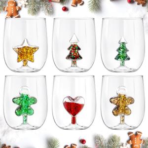 6 Pcs 17oz 3D Crystal Stemless Wine Glass Cup with Christmas Tree Gingerbread Man Love Glitter Star Christmas Stemless Wine Glass for Home Bar Party Juice Decor Festive Gifts