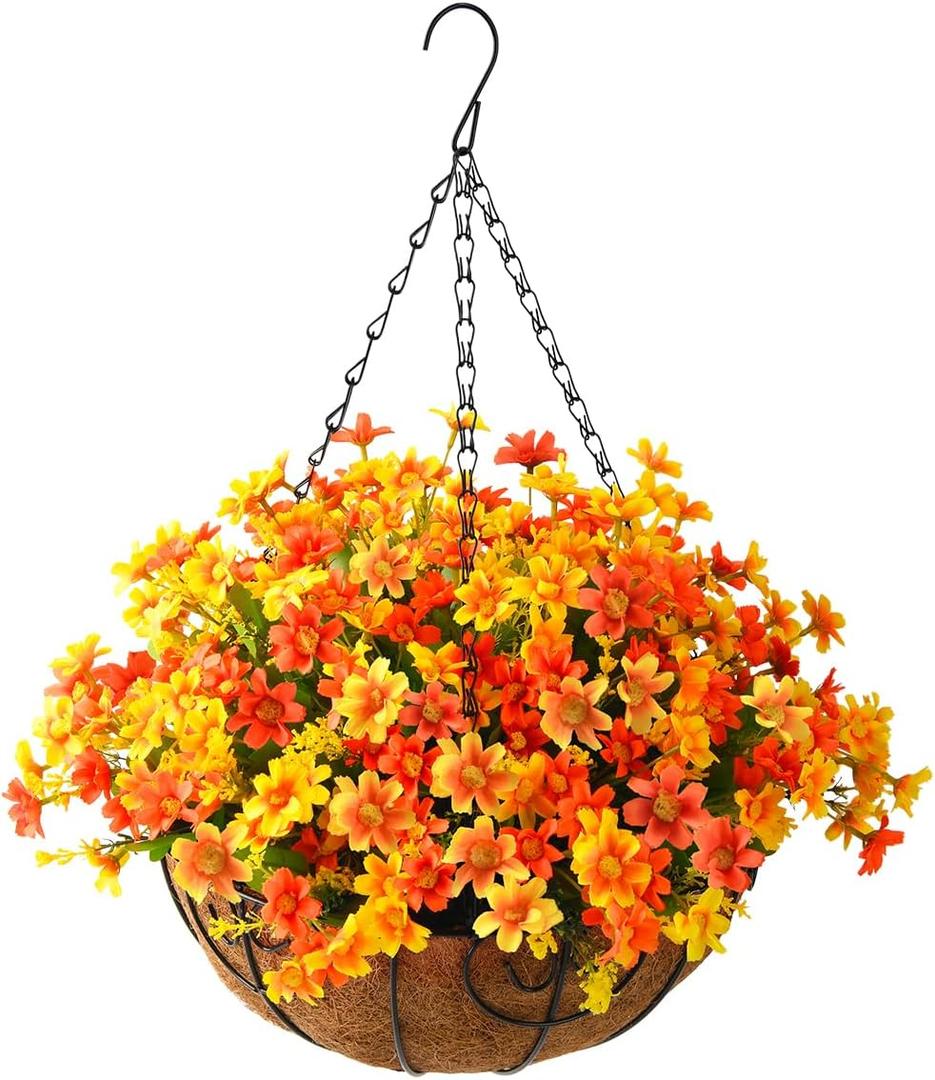 INQCMY Artificial Hanging Flowers in Basket for Outdoors Fall Decoration,Faux Silk Floral Arrangement,UV Resistant Realistic for Home Garden Balcony Porch Decor(Orange)