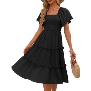 LILLUSORY Women's Summer Casual Flutter Sleeve Square Neck Smocked Midi Dress (Medium, Black)