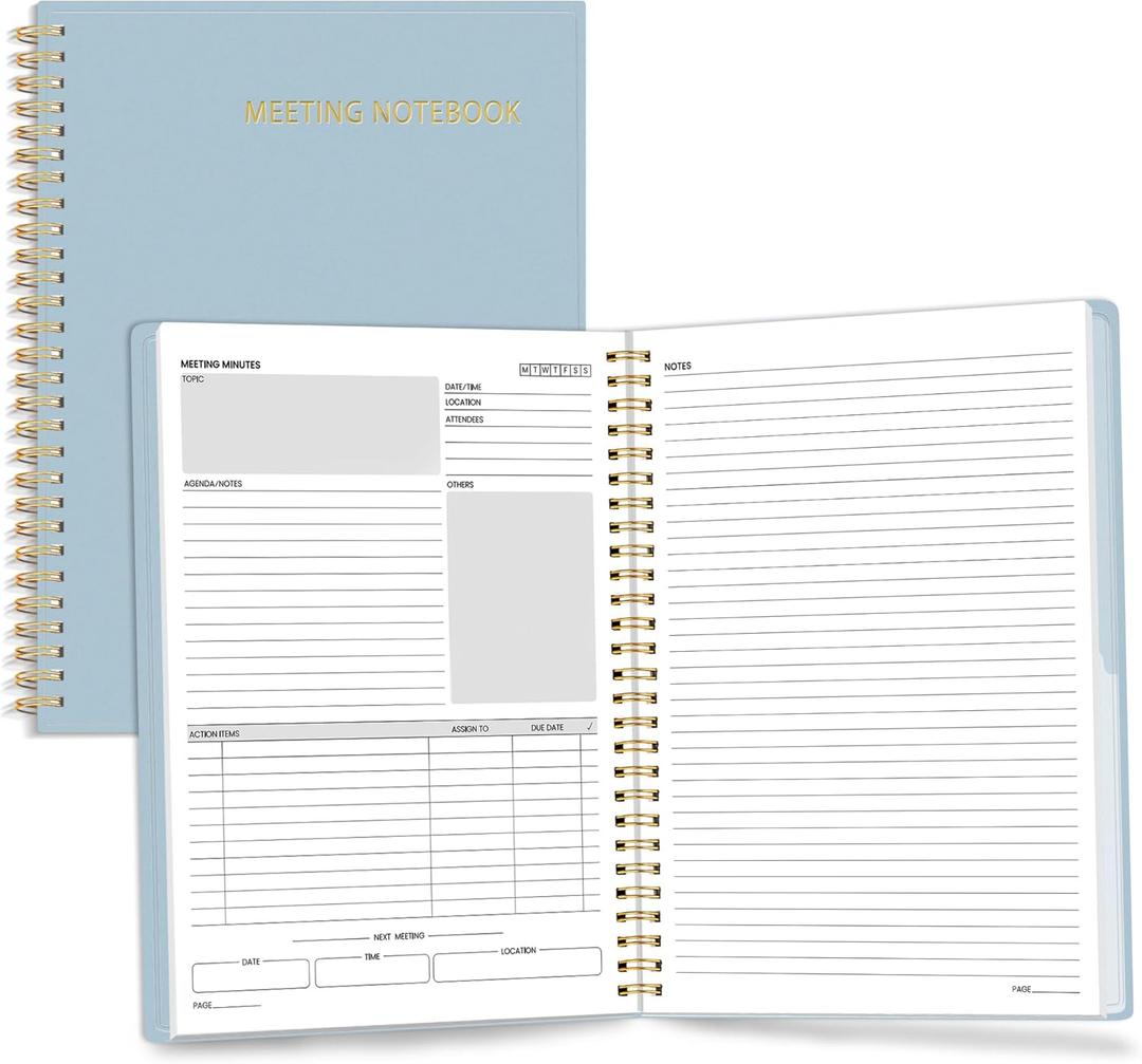 SUNEE Half Meeting Half Note - 7.5"x10" Professional Notebooks for Work - 160 Pages, B5 Size Project Planner, Spiral Meeting Agenda/Minutes Organizer for Women Men, Note Taking, Office & Business (Grey Blue)