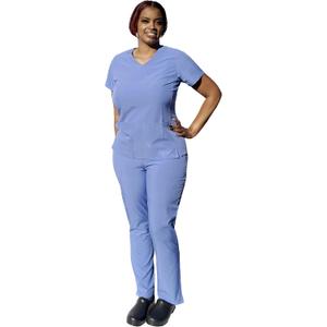 YOGAFLEX Soft & Stretchy Scrub Set for Women. Regular & PETITE. 2-Pocket Top and 5 Pocket Pants. Modern Fit. (XX-Large Petite, Ceil Blue)