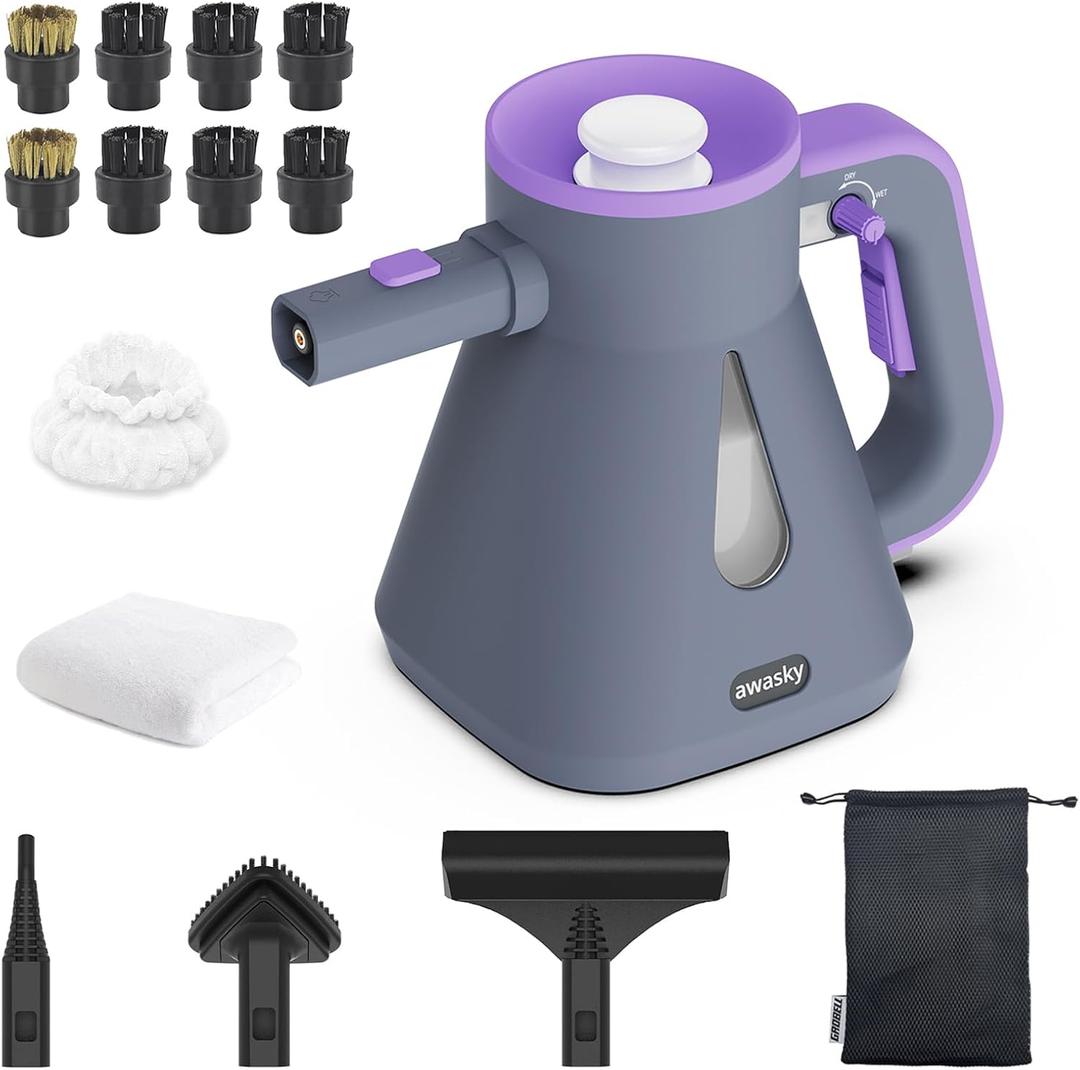 awasky Steam Cleaner Handheld: 1200W Fast 10-Sec Heat-Up-750mL (25oz) Tank-No Cooling-Refill Anytime-Lockable Steam Trigger-14-Piece Kit Hand Held Steamer for Home Car Grout Tile Cleaning Grey