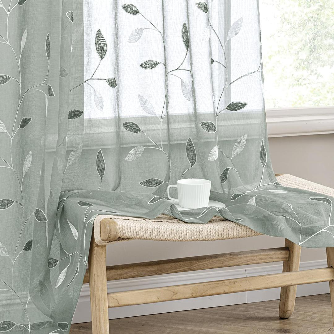MIULEE Sage Sheer Curtains 2 Panels Embroidered Leaf Patterned Rod Pocket Floral Semi Sheer Faux Linen Window Curtains Drapes Set for Living Room Bedroom Dining Room, 52x84 Inches Long