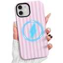 TKJSQ Magnetic for iPhone 14 Phone Case, Cute Striped Pattern Aesthetic Gloss Design, Stylish Shockproof Soft TPU and Hard PC 2-in-1 Protective Cover for iPhone 14, Pink