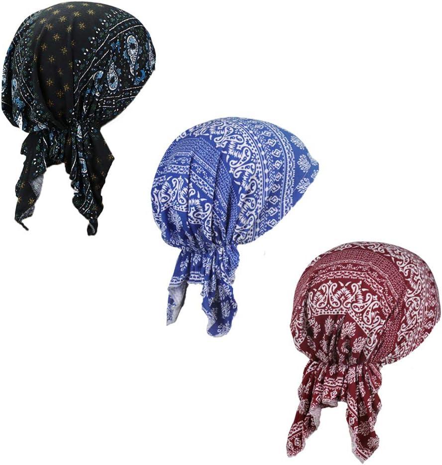 Pre Tied Chemo Head Scarf 3 Packed Beanie Skull Cover Cap for Women (Set6-Long Style) (Blue)