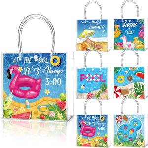 Teenyyou 24 Pcs Pool Party Favor Bags Summer Pool Beach Theme Designs Clear Gift Bags Reusable PVC Tote Container with Handles for Baby Shower, Bridal Shower, Wedding, Birthday Party Supplies