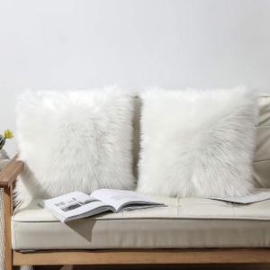 OYIMUA Fluffy Decorative Throw Pillow Covers White 1616, Faux Fur Farmhouse Luxury Pillow Cases,Soft Plush Fuzzy Cushion Covers for Sofa Couch Living Room Bedroom Set of 2