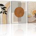 WENGTIAO 3Pcs Boho Orange Desert Canvas Wall Art Colorful Geometric Line Leaf Sun Prints Pictures Paintings Abstract Mid Century Nature Plant Artwork for Living Room Bedroom Office Bathroom 20x28x3
