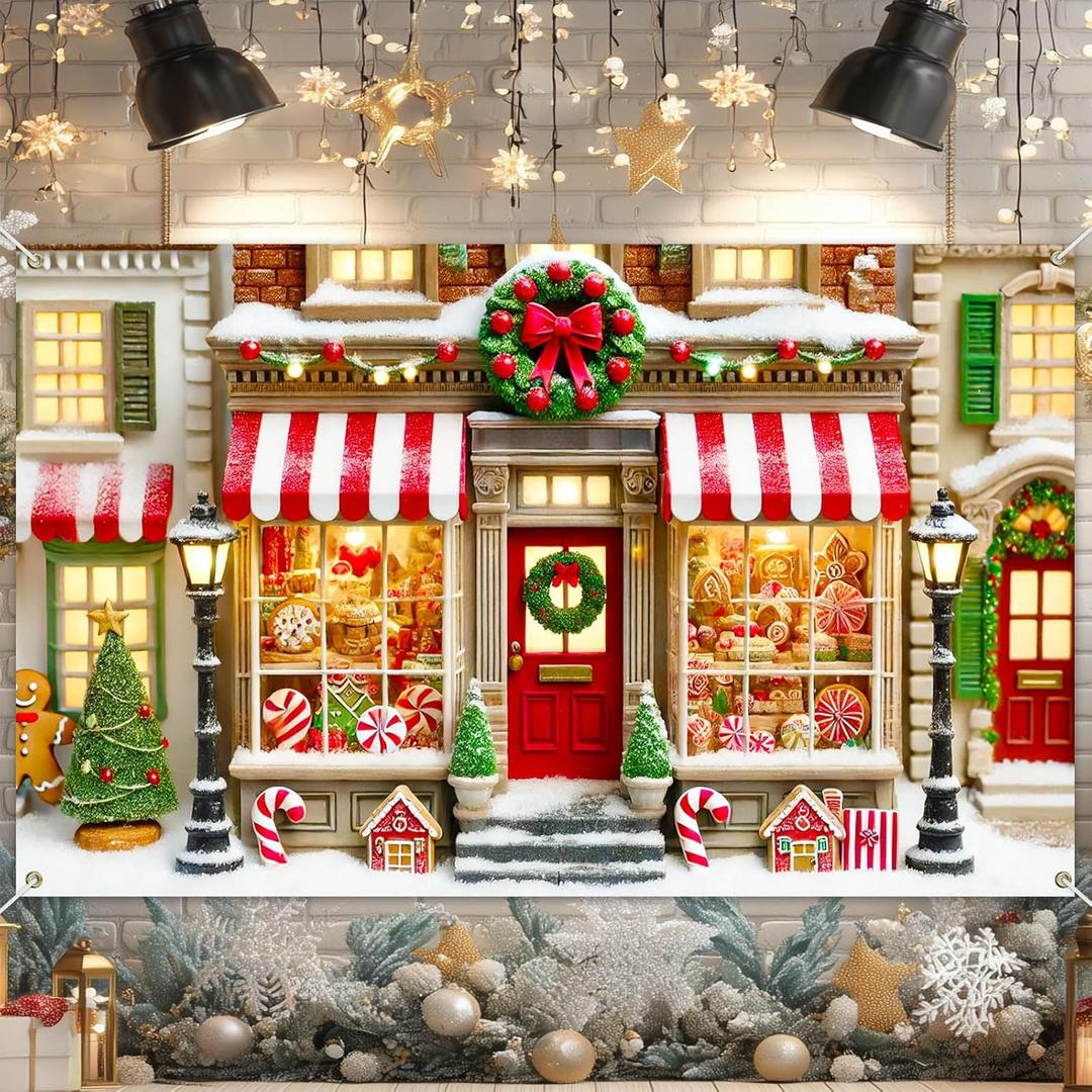 Merry Christmas Candy House Backdrop Banner 71x43 Inch Winter Holiday Storefront Scene with Gingerbread Window Display Large Christmas Decoration for Party Wall Indoor Use