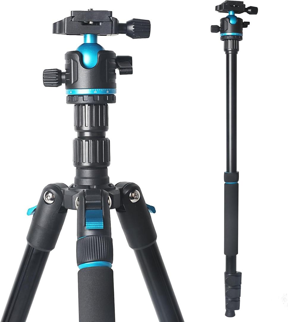 Camera Tripod, 68"/174cm Lightweight Travel Tripod & Monopod with 360 Ball Head Payload 15 lbs, Adjustable Height from 17" to 68" Professional Tripod for DSLR Camera Shooting