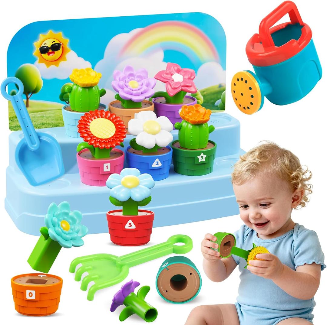 Montessori Toys Flower Garden Toy Set with Watering Can, Shovel, Rake, Color & Shape Sorter Toy, Educational Activity Preschool Learning Toys, Gift for Baby Toddler Girls 1 2 3 4 Year Old 10 PCS