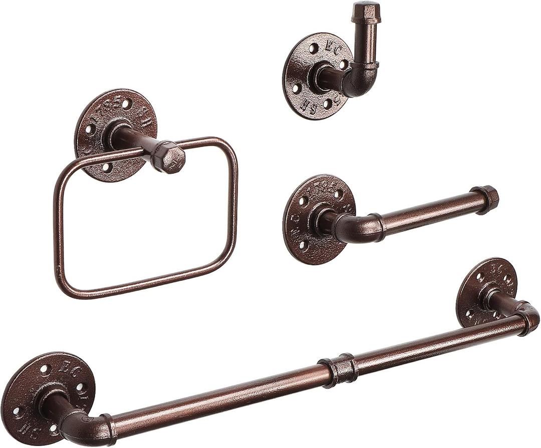NearMoon 4 Pieces Industrial Pipe Bathroom Hardware Set, Include 18 Inch Towel Bar, Towel Ring, Toilet Paper Holder and Robe Hook, Heavy Duty Rustic Iron Decor Wall Mounted Accessories Kit (Bronze)