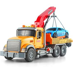 Dwi Dowellin Kids Toys for 3 4 5 6 7 Years Old Boys, 15" Large Tow Truck Toy,Friction Powered Transport Truck Crane Toy with Lights and Sounds,with Roadster,Toddlers Gifts