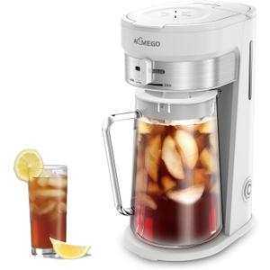 Iced Tea Maker, Brewing System with 2.5-quart Glass Pitcher, sliding strength selector, Stainless Steel Decoration, Reusable Filterwhite