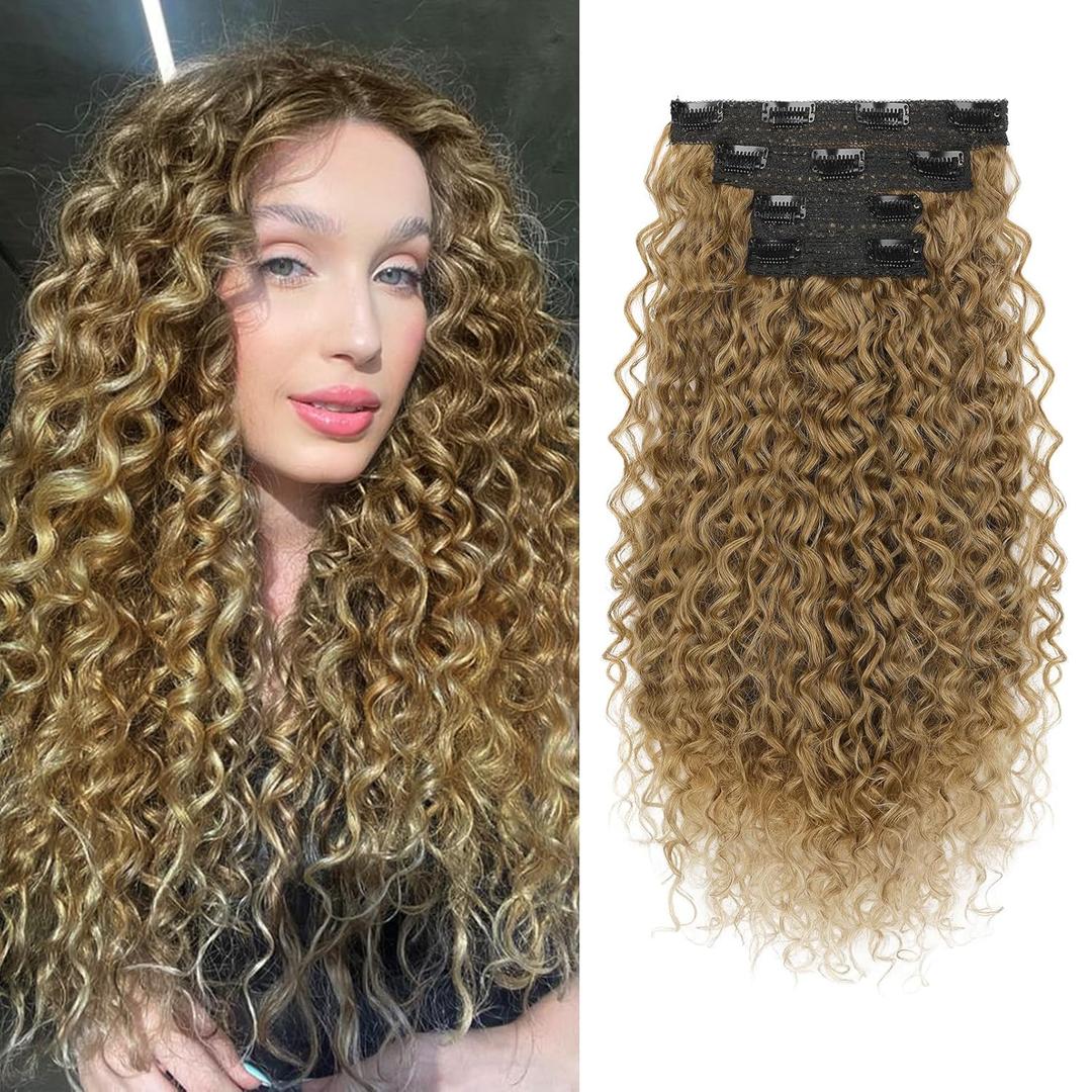 Clip in Hair Extensions, FLUFYMOOZ 4PC 100 Pure Protein Silk Hair Extensions Long Soft Natural Hairpiece 20 Inch Curly Hair Extension for Women (Dark Blonde to Light Brown)