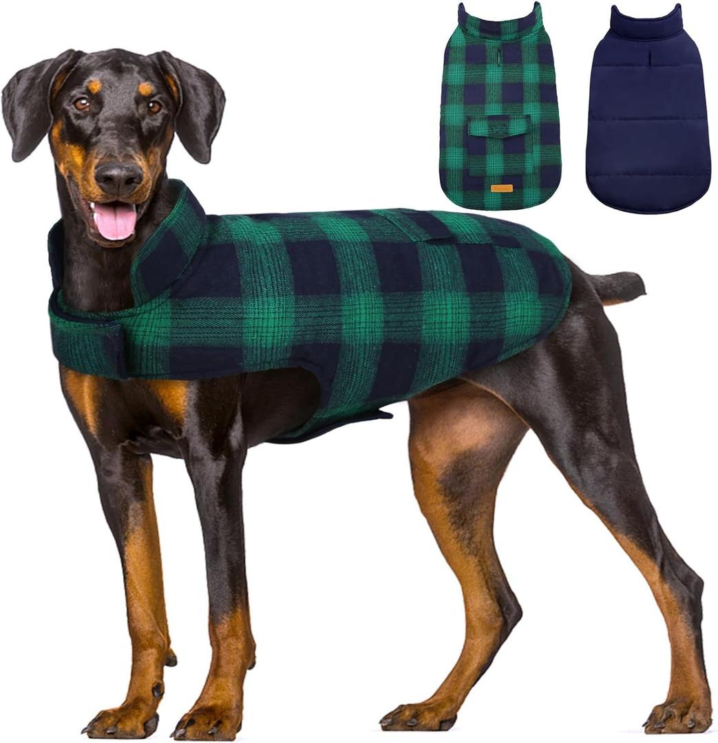 Kuoser Dog Winter Coat, Reversible Dog Jacket, Warm Doggie Coat British Style Puppy Cold Weather Coats, Windproof Pet Clothes for Extra Large Dogs Green (XXXL (Chest Girth: 35.4-43.3''))