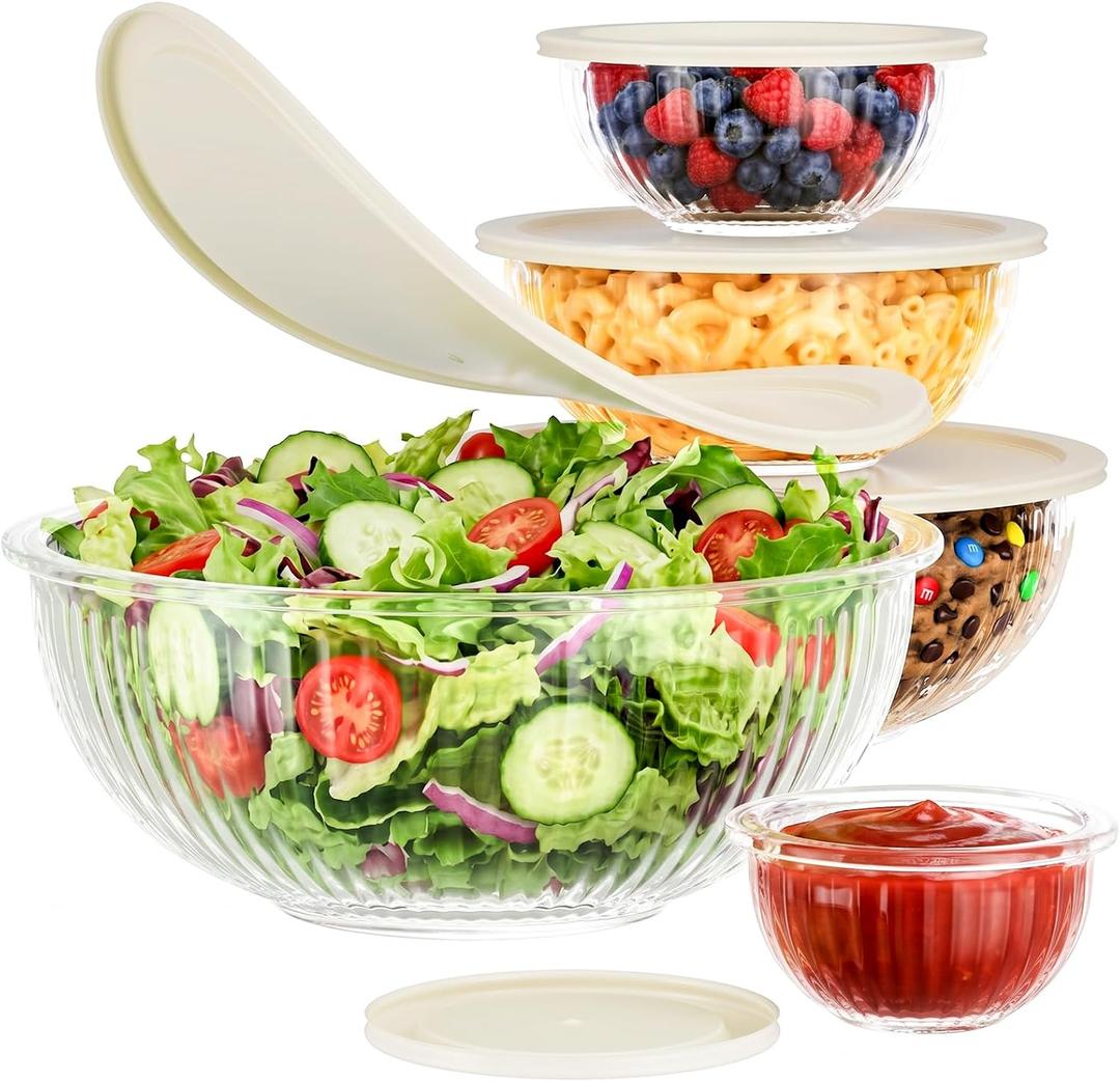 Jelife Glass Mixing Bowls with Lids Set - 5 Packs, Borosilicate Nesting Glass Bowls (3.7-2.1-1-0.5-0.2QT) for Baking, Salad, Meal Prep, Serving, Food Storage, BPA Free & Dishwasher Safe