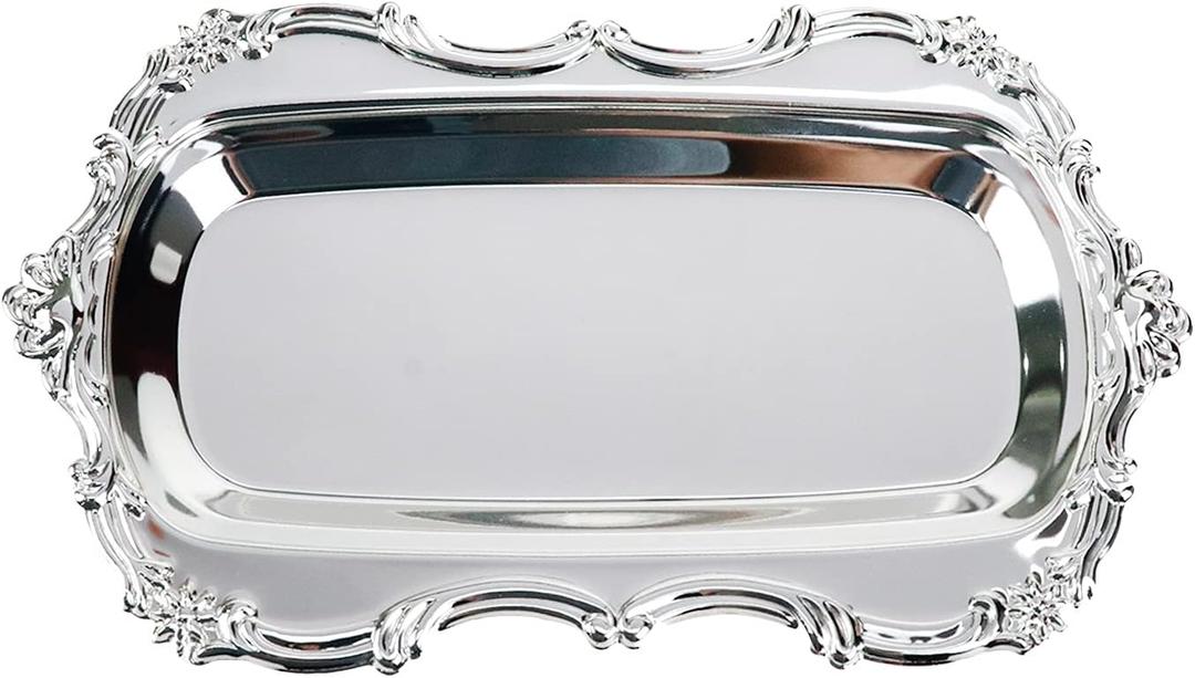 Small Vintage Trinket Dish Jewelry Tray Perfume Organizer Tray for Wedding Photographer Detail Props Ceremony Antique Decor (Silver) (7.9" x 4.7" x 0.6")