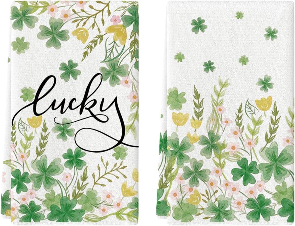 Artoid Mode Flower Clover Shamrock St.Patrick's Day Kitchen Dish Towels, 18x26 Inch Farmhouse Holiday Spring Decoration Cleaning Set of 2