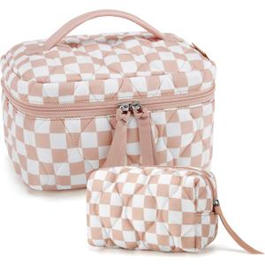 BAGSMART Travel Makeup Bag, 2-Piece Puffy Quilted Cute Make Up Bag Cosmetic Bags for Women, Large Wide-Open Toiletry Pouch Gifts for Toiletries Accessories Travelling Essentials, Checkered Khaki