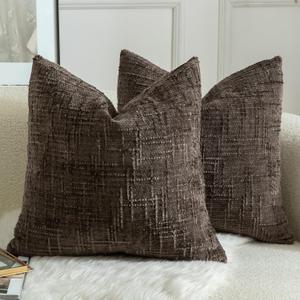 MANDIOO Pack of 2 Soft Chenille Textured Throw Pillow Covers Square Accent Solid Decorative Cushion Cover Cozy Farmhouse Pillow Case for Couch Sofa Bed Living Room 18x18 Inch Coffee